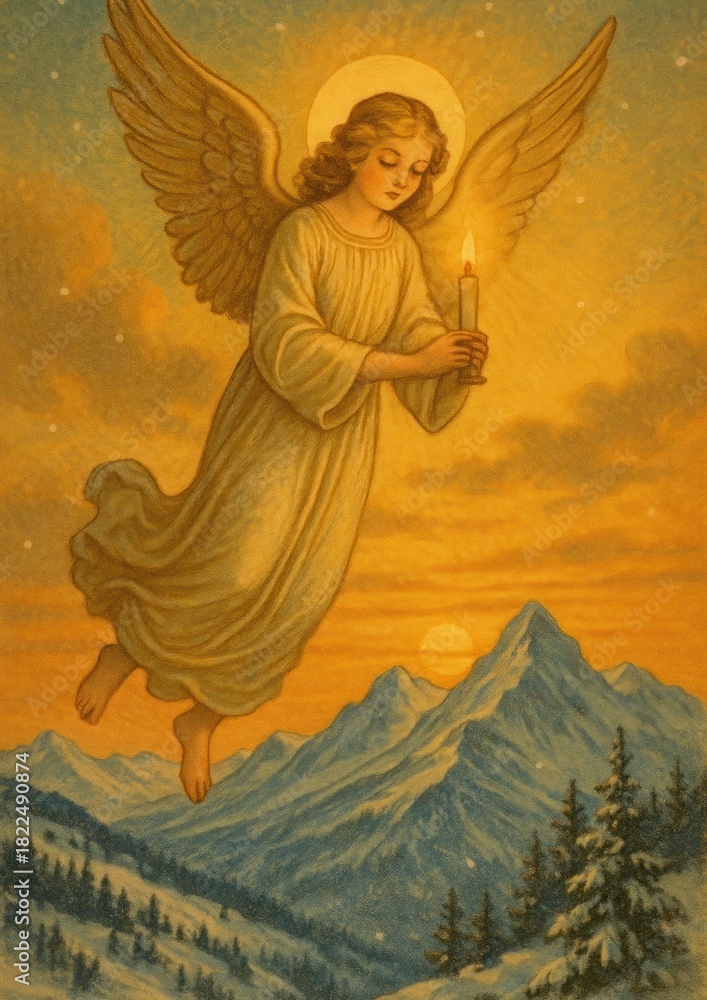 Fototapeta premium Serene angelic figure amidst mountains.