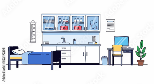 Cartoon vector illustration of a medical clinic or school nurse office interior.