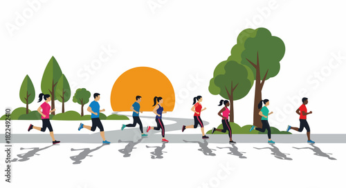 Group of People Running a Marathon in a Park.