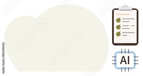 Cloud-shaped graphic alongside checklist clipboard with green ticks and AI microchip icon. Ideal for technology, data storage, task automation, organization, innovation, cybersecurity, artificial