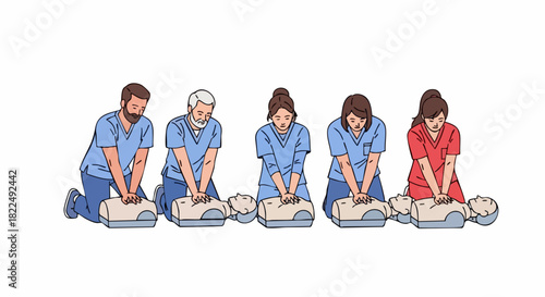 Healthcare professionals practicing CPR on training mannequins.