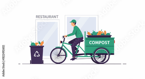Compost delivery man on a bicycle with a trailer full of organic waste.