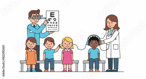 Children receiving comprehensive eye and hearing medical examinations from doctors.