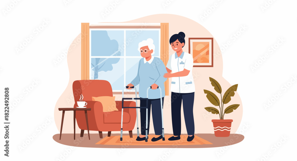 Fototapeta premium elderly care assistance, caregiver supporting senior woman.