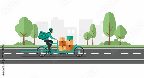 Delivery person riding bicycle with packages.