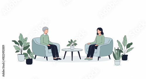 Two people sitting in chairs talking to each other.