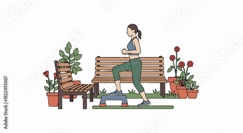 Woman Exercising with Step Platform Outdoors Illustration.