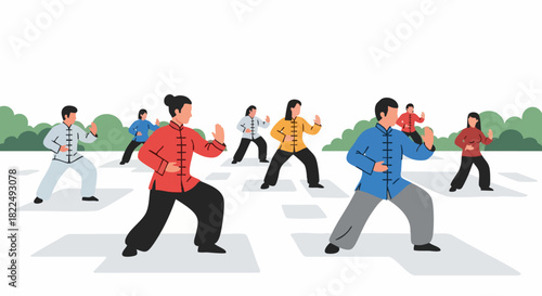Group of diverse people practicing traditional Tai Chi exercises.