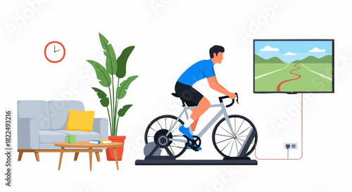 Man riding stationary bike in front of a television screen.