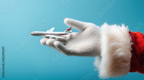 Santa holding a model airplane for festive holiday travel, winter vacation inspiration and Christmas journeys