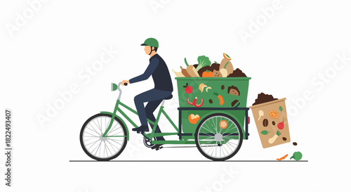 Man on a Green Cargo Bike Transporting Waste and Recycling Materials.