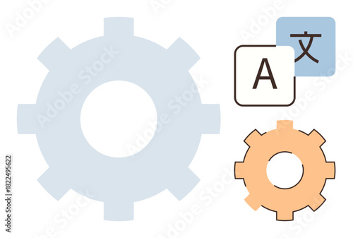 Gears interconnected with alphabet characters emphasizing language translation and automation. Ideal for communication, globalization, linguistics, technology, AI, efficiency, education themes