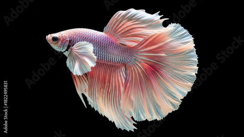 Beautiful Betta Fish with Flowing Fins Isolated on Black Background.