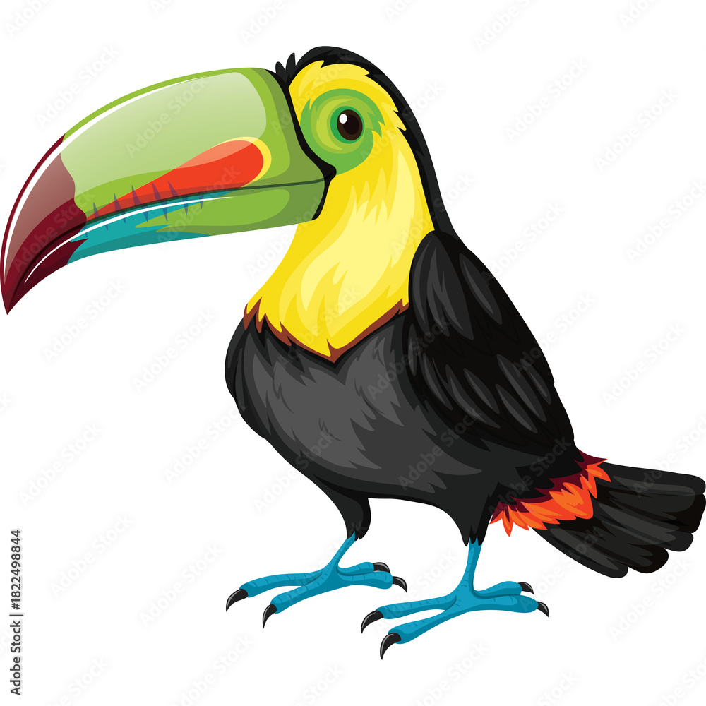 Naklejka premium Vibrant Toucan Bird With Large Colorful Beak And Bright Yellow Chest Standing Isolated On White Background