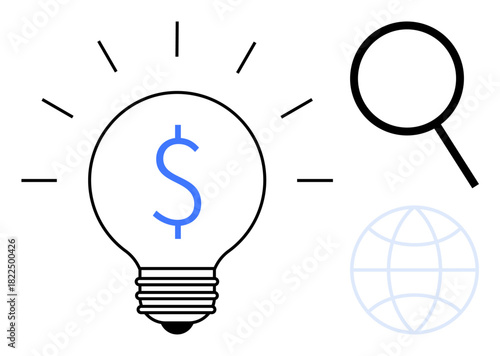 Light bulb with dollar sign, magnifying glass, and globe outline. Ideal for innovation, finance, ideas, global business, research search minimalist concepts. Clean simple flat metaphor
