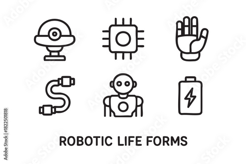 Six black outline icons for robotics and technology, a minimalist collection featuring a robot, mechanical hand, camera, processor, power cable, and a charging battery symbol