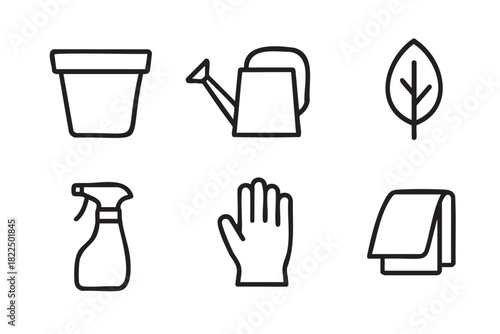 Set of six gardening icons featuring a flower pot, watering can, leaf, spray bottle, glove, and cloth, rendered in a simple black and white line art vector style