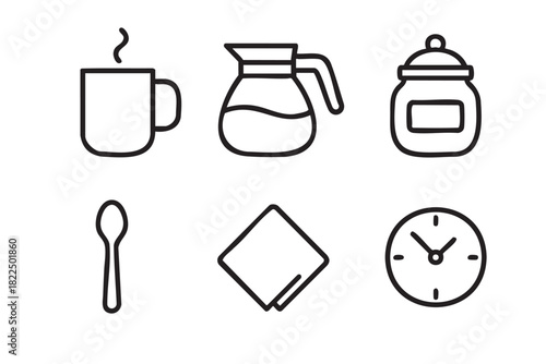 Set of six black line icons depicting coffee break items like a steaming mug, pot, sugar jar, spoon, napkin, and clock in a minimalist graphic design style