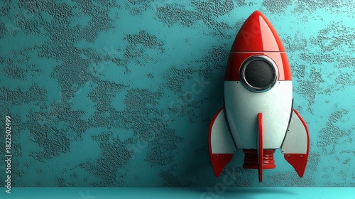 Fototapeta Naklejka Na Ścianę i Meble -  A red and white rocket ship against a textured teal wall in a studio setup space