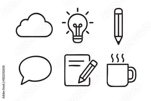 Set of six simple black line icons featuring a cloud, lightbulb, pencil, and speech bubble for creative business and communication concepts