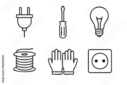 Six black line art icons for electrical services and tools, featuring a plug, screwdriver, light bulb, cable coil, work gloves, and a power outlet in a minimalist vector style