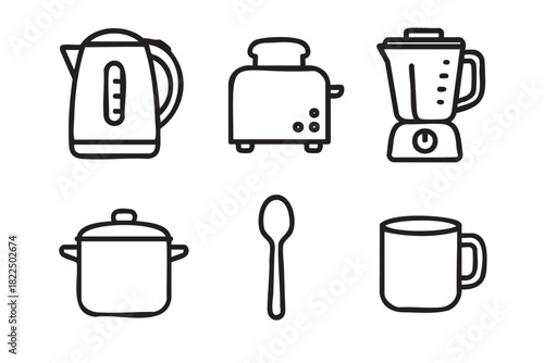Black and white line art icon set of kitchen appliances and utensils including a kettle, toaster, blender, pot, spoon, and mug in a simple, minimalist graphic illustration style