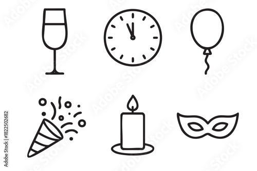 Six minimalist black outline icons representing a celebration, featuring a midnight clock, party popper, masquerade mask, wine glass, candle, and balloon for festive designs