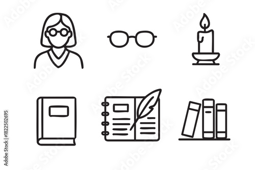 Set of black line icons representing a writer or librarian with glasses, books, a quill pen, and a candle, illustrating themes of literature, education, and knowledge