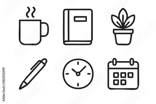 Set of six black line icons representing office work and daily routine with a coffee mug, book, plant, pen, clock, and calendar in a minimalist vector illustration style