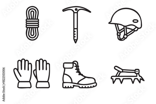 Mountaineering and climbing equipment icon set featuring a rope, ice axe, helmet, gloves, boot, and crampon in a simple black and white line art vector illustration style