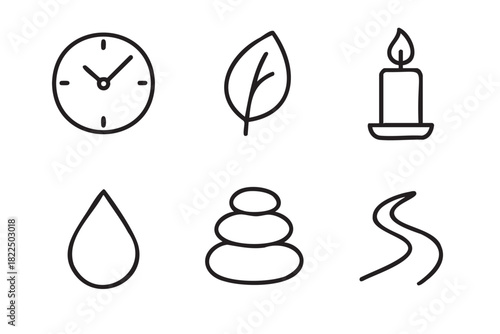 Set of six black line icons representing spa, wellness, and relaxation concepts in a minimalist style, including a clock, leaf, candle, water drop, zen stones, and aroma