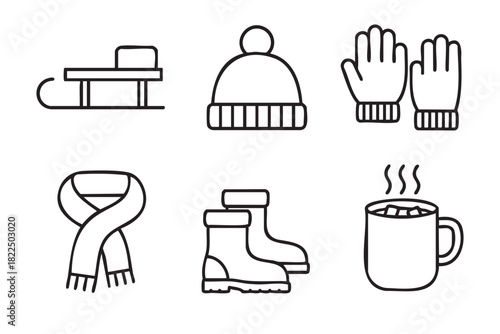 Set of six black line winter icons including a sled, hat, gloves, scarf, boots, and a hot drink, representing cold weather activities and cozy comfort in a minimalist graphic style
