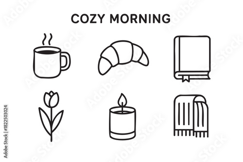 Six black line art icons for a cozy morning routine including a hot drink, pastry, reading book, tulip, lit candle, and a warm plaid, representing comfort and hygge lifestyle