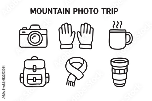 Set of six black line icons for a mountain photo trip includes a camera, gloves, mug, backpack, scarf, and lens in a minimalist outline style for travel and hiking concepts