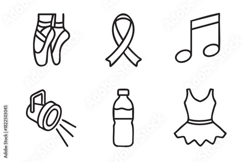 Set of six black line art icons representing ballet performance with pointe shoes, an awareness ribbon, a musical note, a spotlight, a water bottle, and a tutu dress