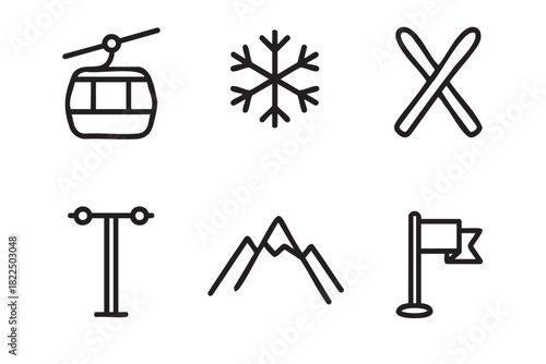 Set of six black line icons for winter sports and skiing including a gondola, snowflake, crossed skis, t-bar lift, mountain, and a slalom flag in a minimalist style