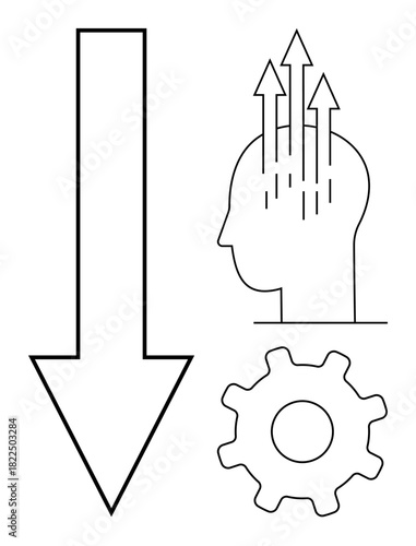 Growth and decline concept. Arrows, head, and gear highlight ideas of progress, decision-making, and challenges. Growth development, planning and innovation. For business education and technology