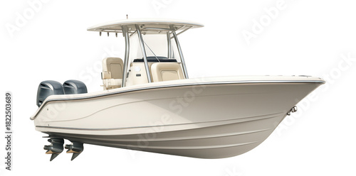 Sleek center console boat with fiberglass hull and twin outboard engines.