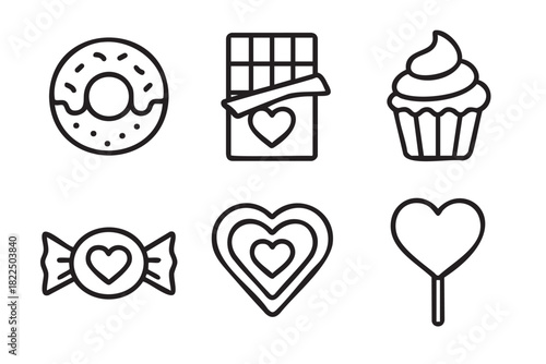 Set of six romantic sweet icons including a donut, chocolate bar, cupcake, candy, and lollipop with heart shapes in a minimalist black and white line art vector style