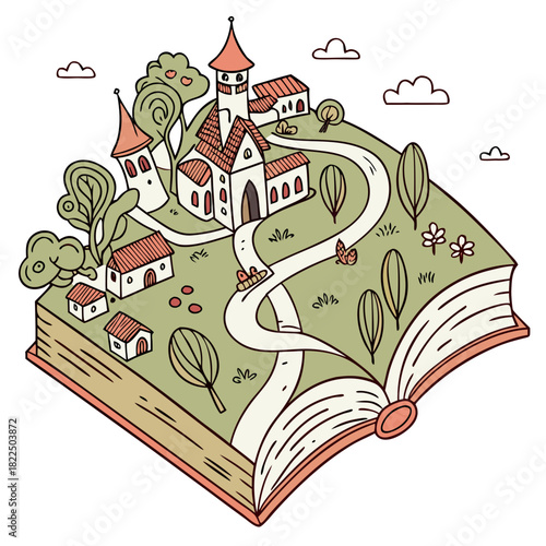 Miniature Fantasy Town Emerging from Open Book – Storybook Village Scene