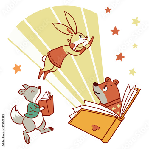 Fantasy Animals Leaping from Open Book – Magical Story Illustration