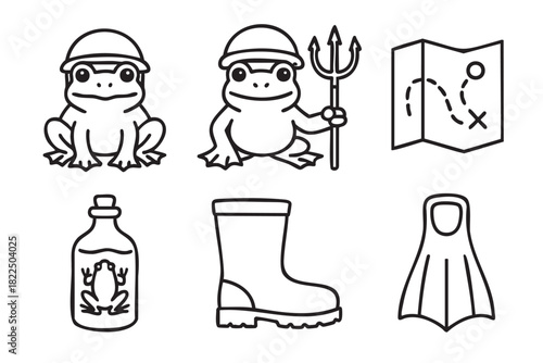 Set of six black outline icons depicting a cute frog adventurer with a trident, treasure map, potion bottle, rubber boot, and a swimming flipper for a quest concept
