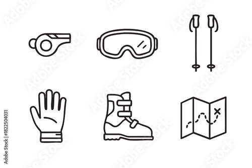 Black and white line art icon set for skiing, snowboarding, and hiking featuring a whistle, goggles, poles, glove, boot, and a folded map in a simple outline illustration style
