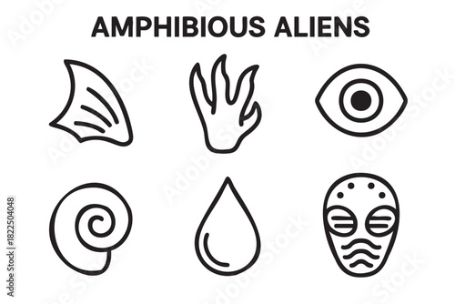 Collection of six black line icons representing amphibious alien characteristics, including a fin, webbed hand, eye, shell, water drop, and a creature face in a simple vector style