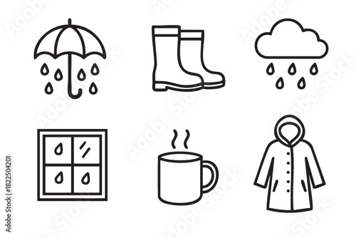 Set of six black outline icons for rainy weather including an umbrella, boots, cloud, window, mug, and raincoat in a minimalist graphic style
