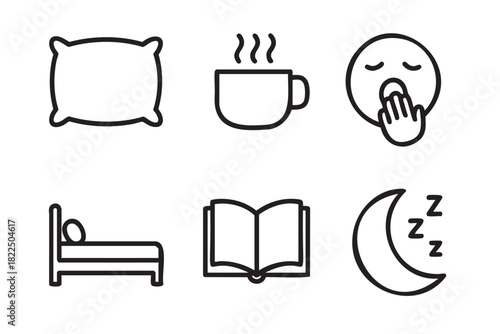 Set of six black line icons representing sleep and bedtime routines, including a pillow, hot drink, yawning face, bed, book, and moon for a simple graphic design