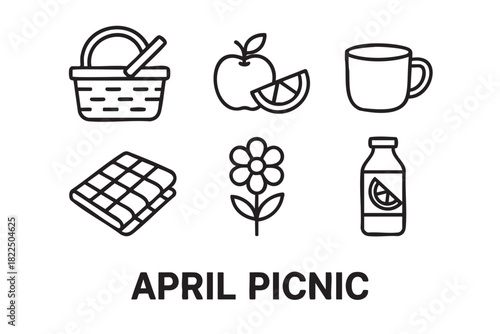 Set of six black line art icons for a spring picnic including a basket, fruit, mug, blanket, flower, and juice, drawn in a simple minimalist graphic style
