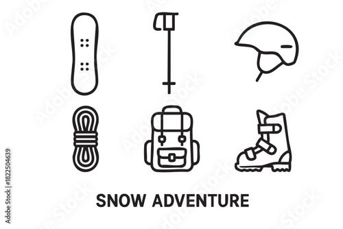Set of six winter adventure icons including a snowboard, ski pole, helmet, rope, backpack, and boot, presented as a simple black and white line art vector illustration for sports
