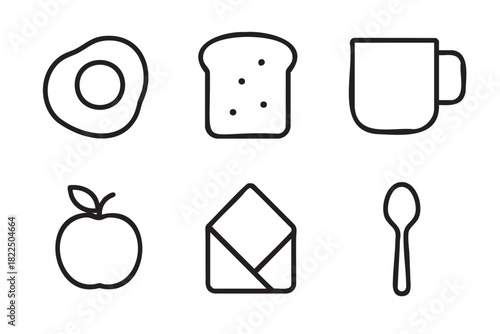 Set of six minimalist black line icons representing breakfast and daily routine items, including a fried egg, toast, mug, apple, envelope, and spoon in a simple graphic style