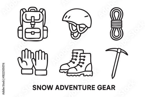 Set of six black line art icons representing snow adventure gear including a backpack, helmet, rope, gloves, boots, and an ice axe, presented as a simple vector illustration for outdoor themes